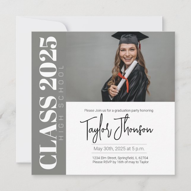 Modern grey Graduation Party Invitation With photo Inbjudningar (Framsida)