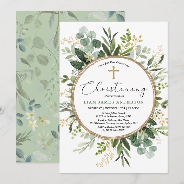 Modern Grey Guld Botanical Lövs Christening Inbjudningar (Fram/baksida)