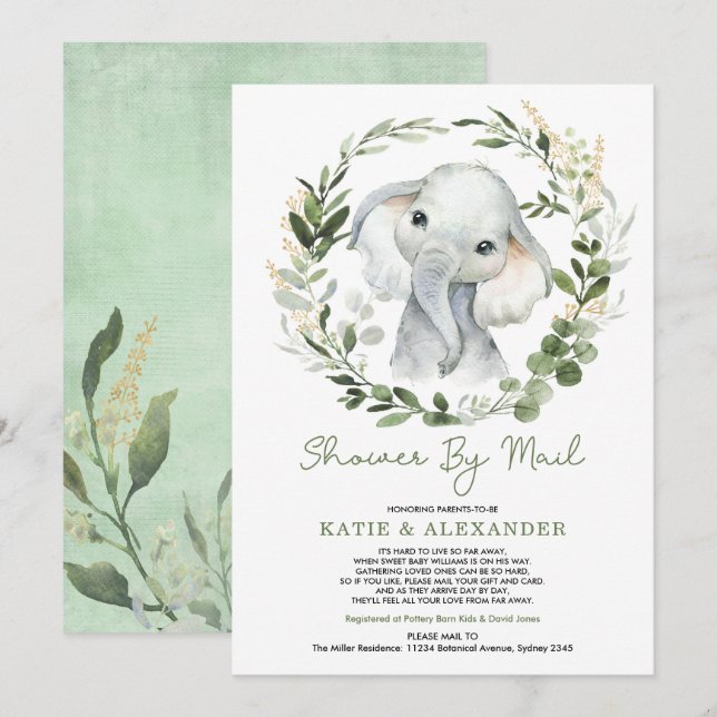 Modern Grey Guld Elephant Baby Shower by Mail Inbjudningar (Fram/baksida)