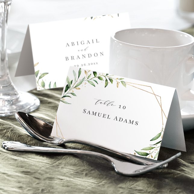 Modern Grey Guld Geometric Mapp-plats-kort Bordsnummer (Modern Greenery Gold Geometric Foldable Place Card)