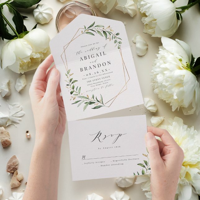 Modern Grey Guld Geometric Rustic Bröllop (Modern Greenery Gold Geometric Rustic Wedding All In One Invitation)