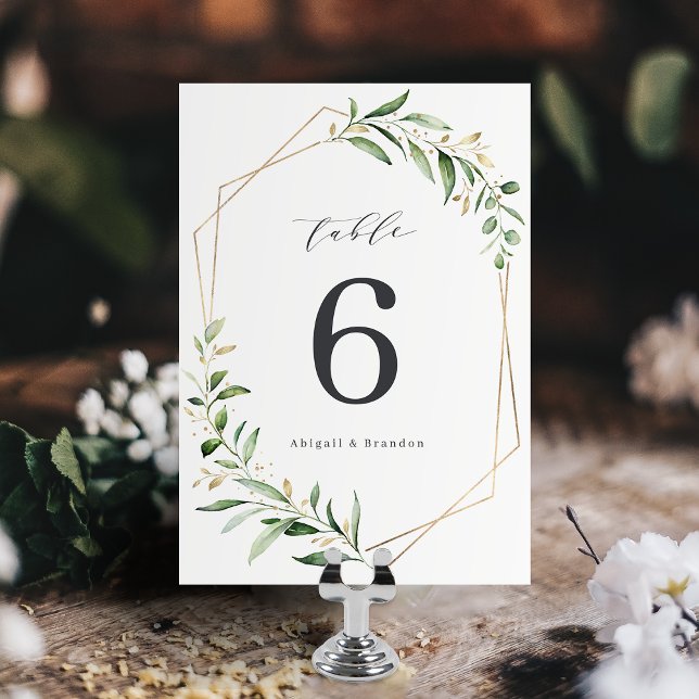 Modern Grey Guld Geometric Rustic Bröllop Bordsnummer (Modern Greenery Gold Geometric Rustic Wedding Table Number)