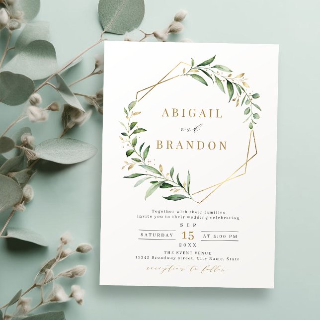 Modern Grey Guld Geometric Rustic Bröllop Inbjudningar (Modern Greenery Gold Geometric Rustic Wedding Invitation)