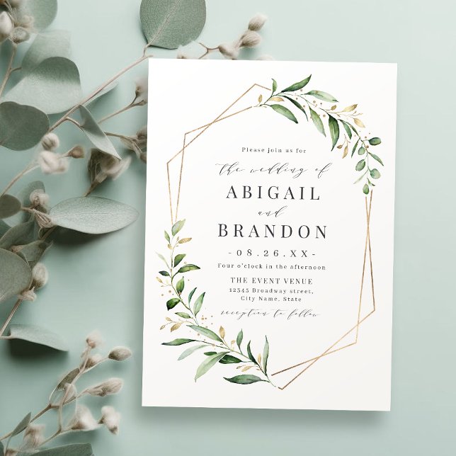 Modern Grey Guld Geometric Rustic Bröllop Inbjudningar (Modern Greenery Gold Geometric Rustic Wedding Invitation)
