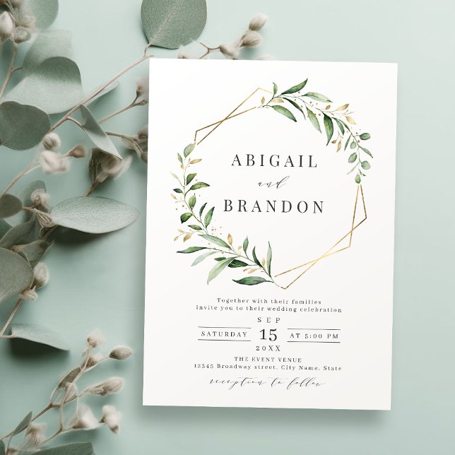 Modern Grey Guld Geometric Rustic Bröllop Inbjudningar (Modern Greenery Gold Geometric Rustic Wedding Invitation)