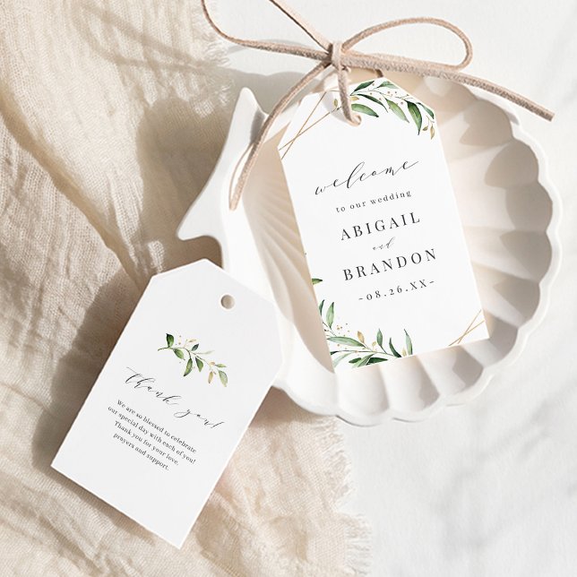 Modern Grey Guld Geometric Rustic Bröllop Presentetikett (Modern Greenery Gold Geometric Rustic Wedding Gift Tags)
