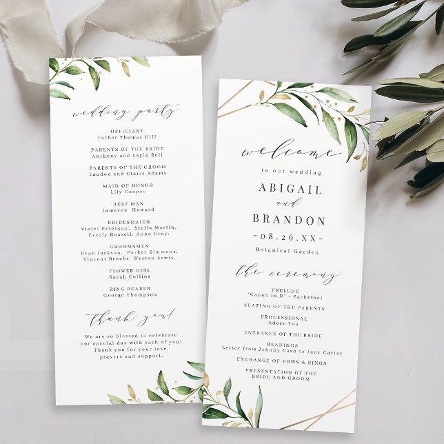 Modern Grey Guld Geometric Rustic Bröllop Program (Modern Greenery Gold Geometric Rustic Wedding Program)