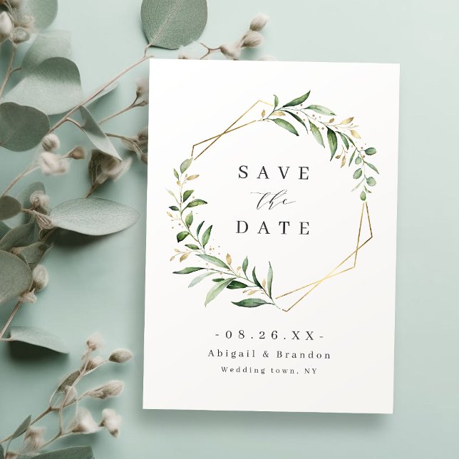 Modern Grey Guld Geometric Rustic Bröllop Spara Datumet (Modern Greenery Gold Geometric Rustic Wedding Save The Date)