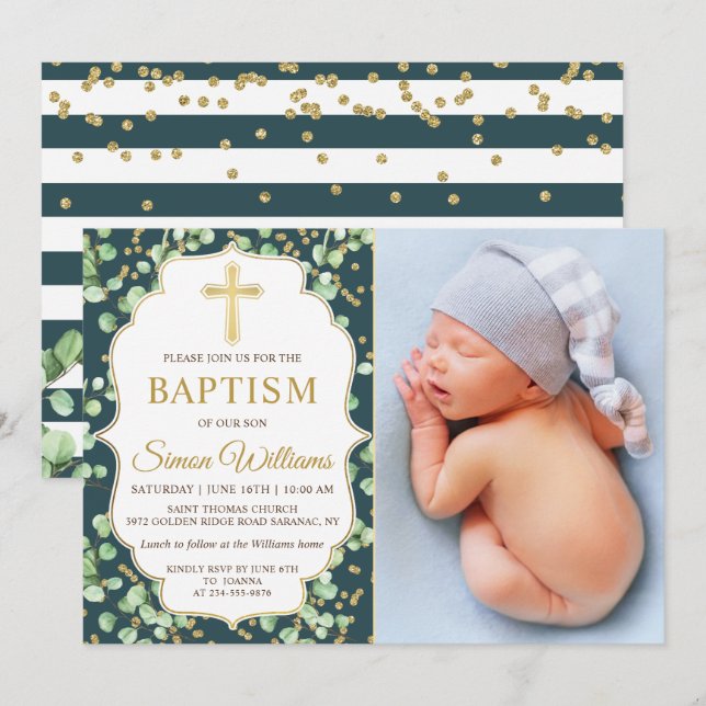 Modern Grey Guld Glitter-baptism - foto Inbjudningar (Fram/baksida)