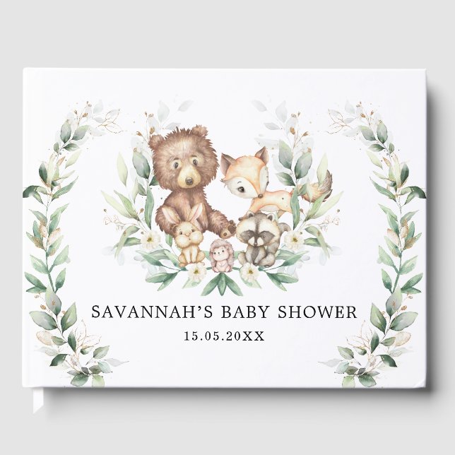 Modern Grey Guld Woodland Animals Neutralt Baby Gästböcker (Framsida)