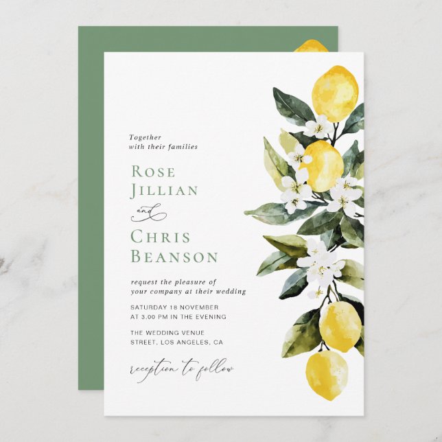 Modern Grey Lemon Blommigt Weddding Inbjudningar (Fram/baksida)