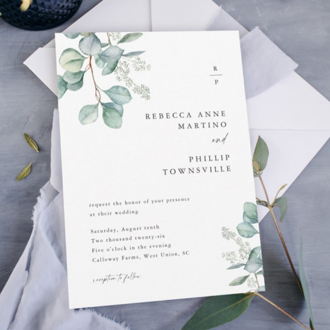 Modern Grey Löv Eucalyptus Bröllop Inbjudningar (A modern watercolor eucalyptus wedding invitation with couples monogram and hand-painted greenery.)