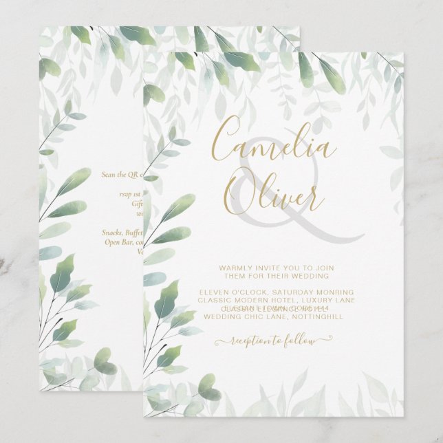 Modern Grey Löv Guld Bröllop QR-OSA Inbjudningar (Fram/baksida)