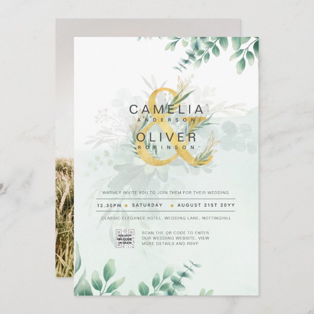 Modern Grey PHOTO-bröllopsinbjudan QR CODE Inbjudningar (Fram/baksida)