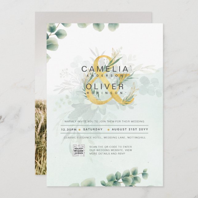 Modern Grey PHOTO-bröllopsinbjudan QR CODE Inbjudningar (Fram/baksida)