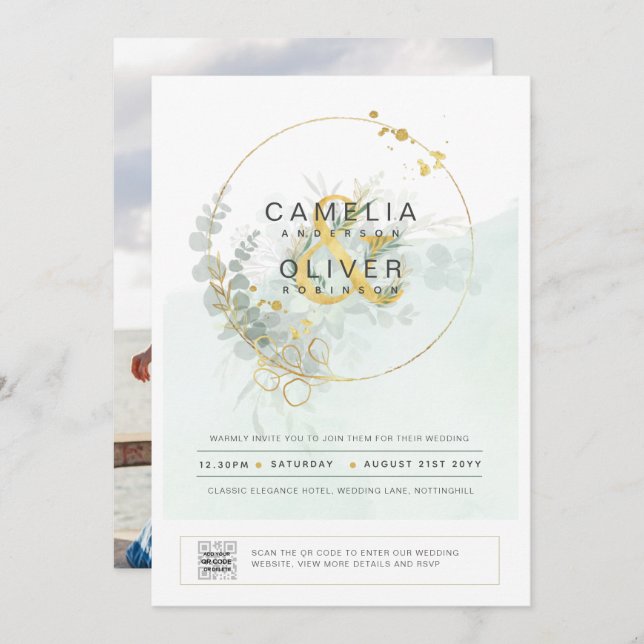 Modern Grey PHOTO-bröllopsinbjudan QR CODE Inbjudningar (Fram/baksida)