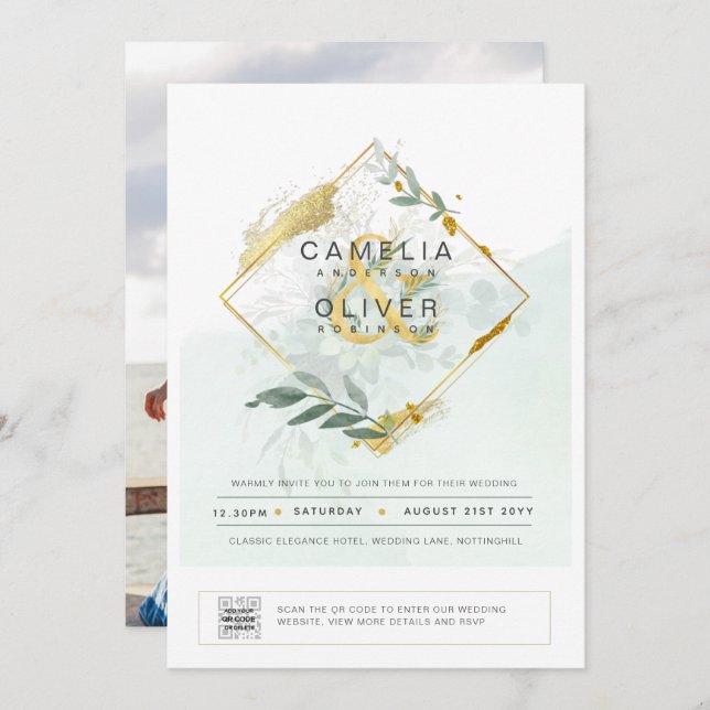 Modern Grey PHOTO-bröllopsinbjudan QR CODE Inbjudningar (Fram/baksida)