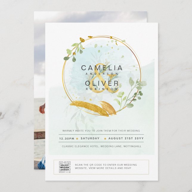 Modern Grey PHOTO-bröllopsinbjudan QR CODE Inbjudningar (Fram/baksida)