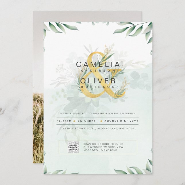 Modern Grey PHOTO-bröllopsinbjudan QR CODE Inbjudningar (Fram/baksida)