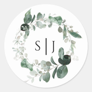 Modern Grey White Monogram Bröllop Sticker Runt Klistermärke