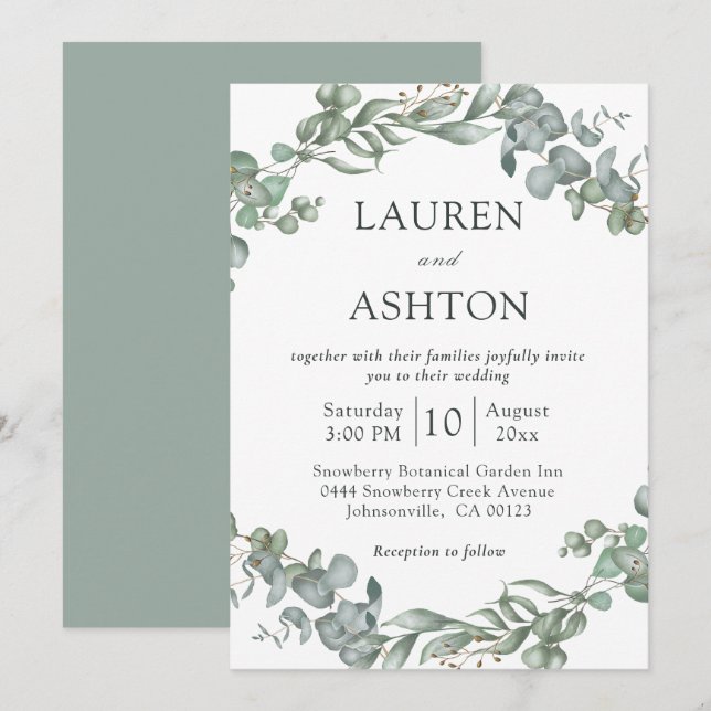 Modern Grey White och Sage Simple Bröllop Inbjudningar (Fram/baksida)