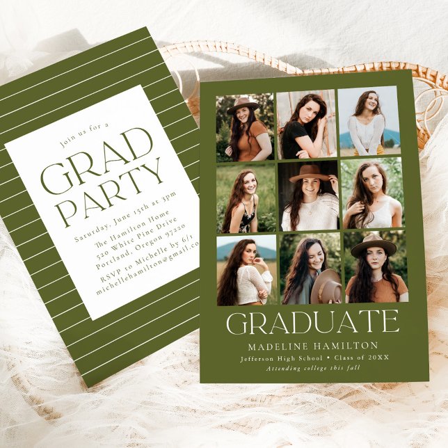 Modern Grid Oliv grönt 9-foto-Studentfest Inbjudningar (Skapare uppladdad)