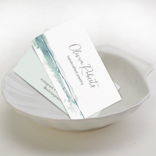 Modern grön akvarellmanus liten visitkort (Modern Watercolor Stripe Script Small Business Card)
