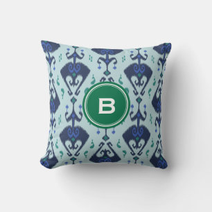 Modern grön blå ikat tribal mönster monogram kudde