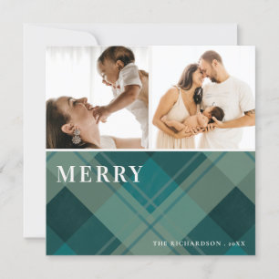 Modern Grön Blå Plaid 2 Foto God Jul Julkort