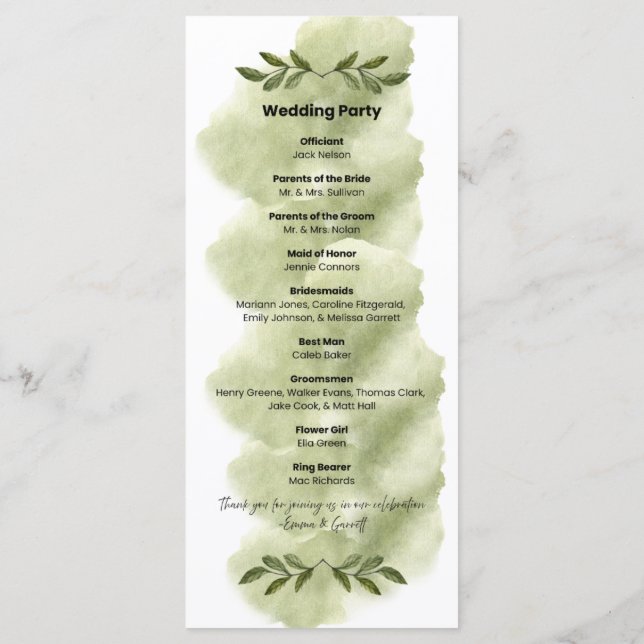 Modern Grön Blad Minimalistisk Bröllopsprogram Program (Baksida)