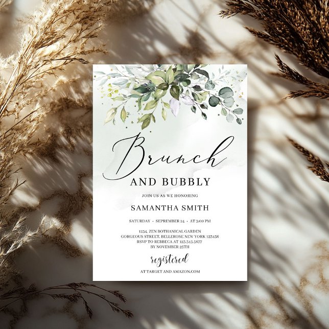 Modern grön bladbrunch och bubblande möhippa inbjudningar (Modern greenery foliage brunch and bubbly bridal invitation)