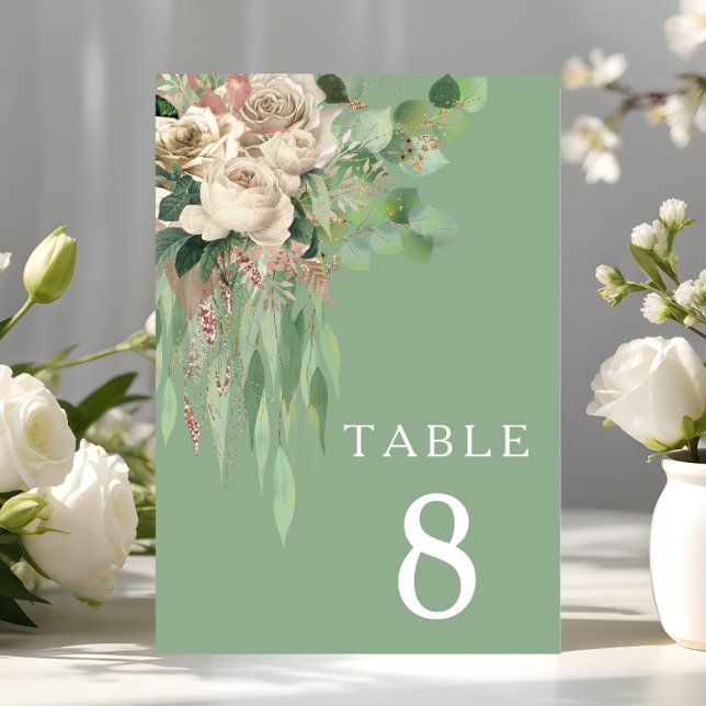 Modern Grön Blommig Bröllopsfest Bordsnummer (Modern Green Floral Wedding Table Number)