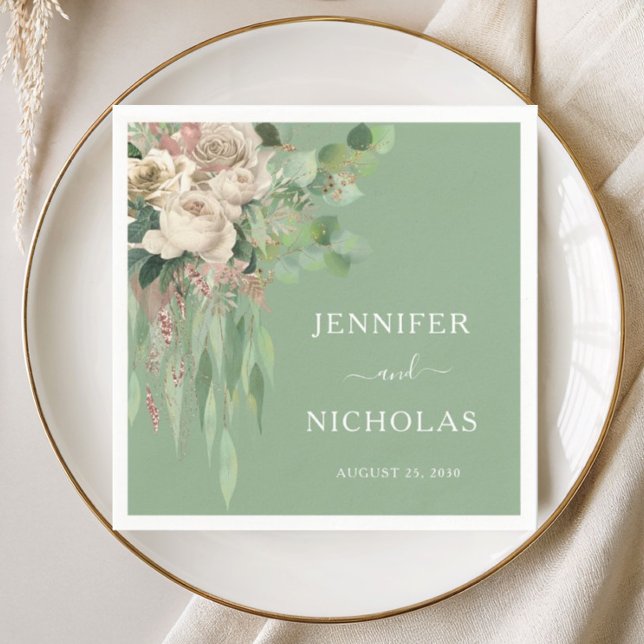 Modern Grön Blommig Pion Bröllop Pappersservett (Modern Green Floral Peonies Wedding Napkins)