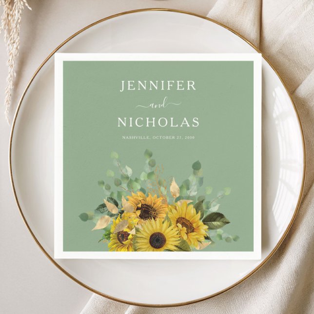 Modern Grön Blommig Solros Bröllop   Pappersservett (Modern Green Floral Sunflower Wedding Napkins)