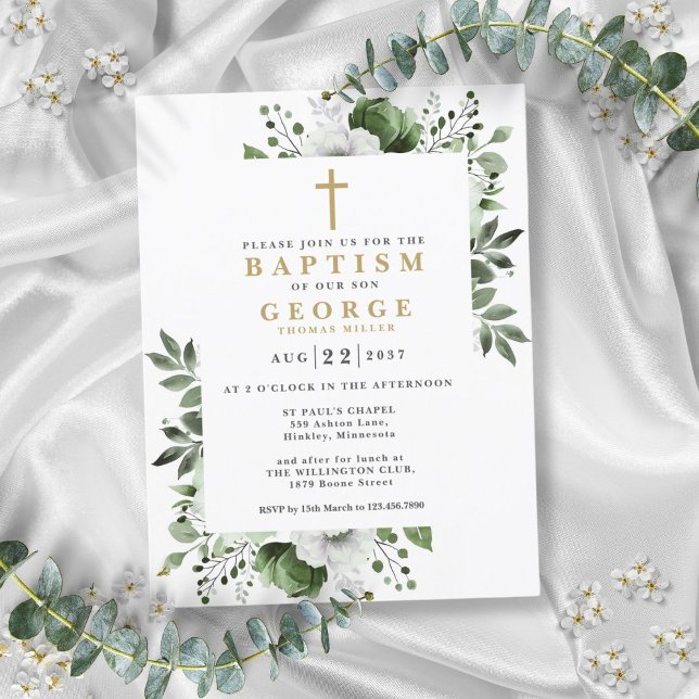 Modern grön botanisk dopinbjudan i olivgrönt vykort (Olive Green Botanical Modern Baptism Invitation Postcard)