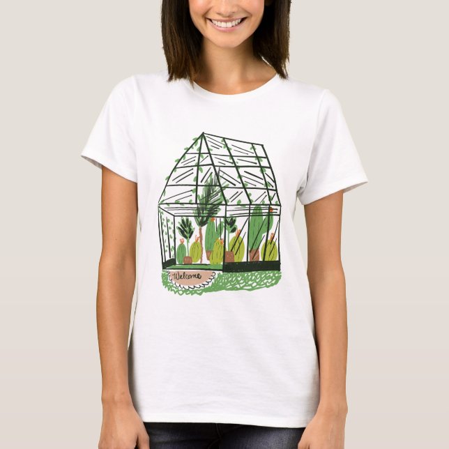 Modern Grön Botanisk Grön Hus Rosa T Shirt (Framsida)