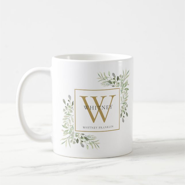 Modern Grön Chic Guldmonogram Kaffemugg (Vänster)