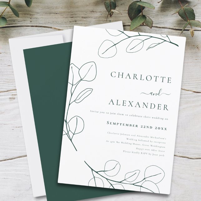Modern Grön Eukalyptusblad Minimalistisk Inbjudningar (Modern Simple leaf drawing dark green wedding invitation with elegant typography script )