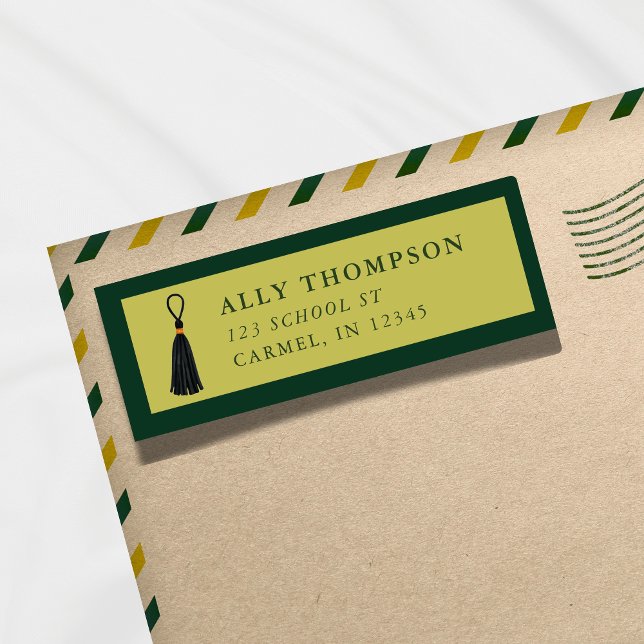 Modern Grön Examen Kåpa Tassel  Returadress Etikett (Modern Green Graduation Cap Tassel Label)