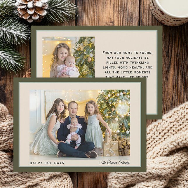 Modern Grön Familj Foto God Jul önskar Familjen Julkort (Modern olive green 2-photo Christmas holiday greeting card)