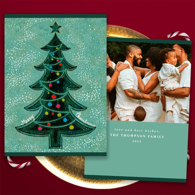 Modern Grön Geometrisk God Jul Julgran Foto Julkort (Front and Back)