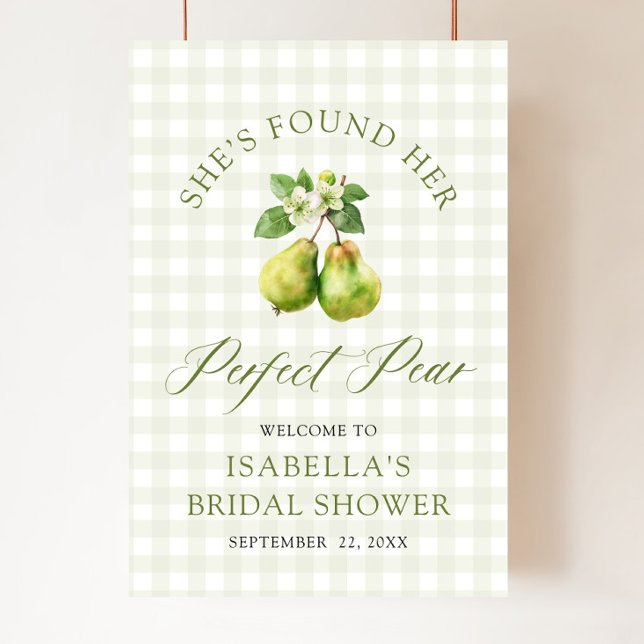 Modern grön gingham perfekt päron bröllopsdusch poster (Modern Green Gingham Perfect Pair Bridal Shower Foam Board)