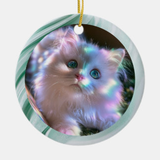 Modern Grön Glasaktig Virvel Liten Katt Foto Julgransprydnad Keramik