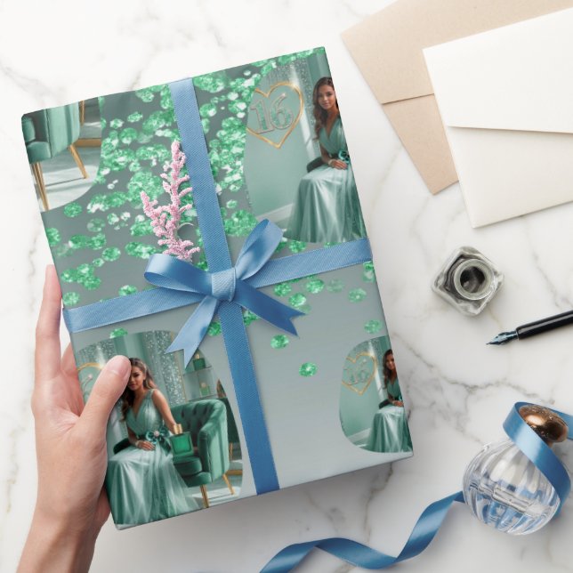 Modern Grön Glitter Ombre Foto Mall Födelsedag Presentpapper (Gifting)