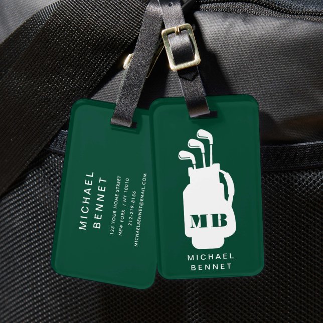Modern grön golf sport monogram bagagebricka (Modern Green Golf Sport Monogrammed Luggage Tag)