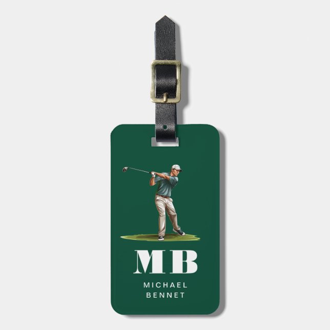 Modern Grön Golfare Sport Monogram Bagagebricka (Vertikal Framsida)