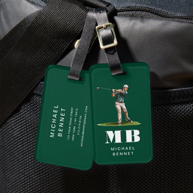 Modern Grön Golfare Sport Monogram Bagagebricka (Modern Green Golfer Sport Monogram Luggage Tag)