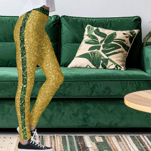 Modern Grön Guld Glitter Glans Färgglada Ränder Leggings