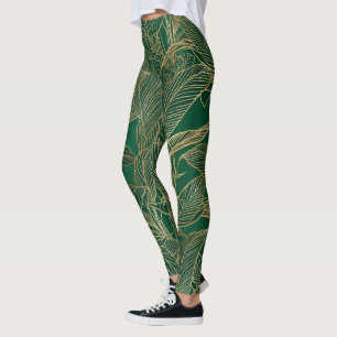 Modern Grön Guld Lövverk Växt Botanisk Design Leggings