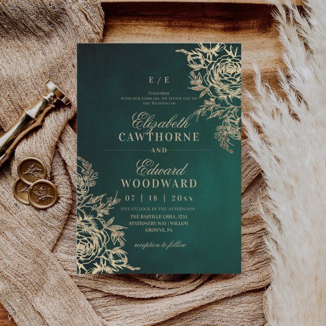 Modern Grön & Guld ⎮Rose Elegant Bröllop Inbjudningar (Skapare uppladdad)